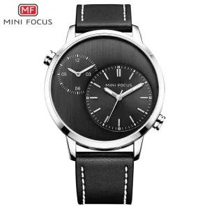 0035G Dual Time Zone Quartz Watch with Japanese Movement, Luminous, Waterproof, Leather Band