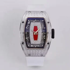 07 01 Mechanical Watch Luxurious Rose Diamond Case Red Element Automatic Skeleton Dial Tonneau Ladies Mechanical Watch