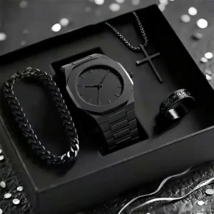 1158 Cs008 Muslim Arabic Men Quartz Watch Men’s Accessory Combinations Plastic Case Fashion Bracelets Rings Set