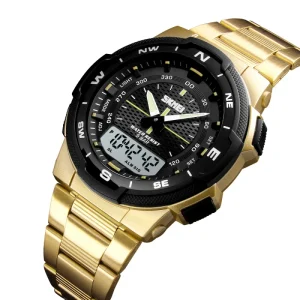 1370 Men’s Dual Time Analog Digital Sport Quartz Watch 5ATM Waterproof Multi Function Stainless Steel Band Wristwatch