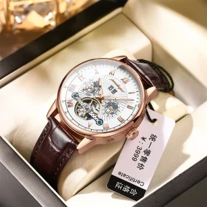1409 Men’s Business Genuine Leather Belt Automatic Hollow Flywheel Luminous Waterproof Mechanical Hollow Out Watch
