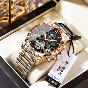 1410 Casual Tourbillon Mechanical Automatic Movement Wrist Watch Stainless Steel Belt Moon Phase Men’s Watch