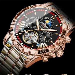 1410 Mechanical Automatic Luminous Moon Phase Calendar Antique Business Stainless Steel Waterproof Wrist Watch for Men