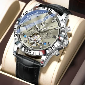 1418 Automatic Men Wristwatch Leather Hollow Tourbillon Mechanical Watch