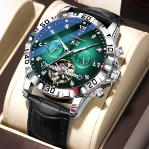 1418 Men’s Automatic Wristwatch Leather Band Hollow Tourbillon Mechanical Luminous Hands Date Calendar