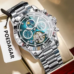1423 Men’s Watch Automatic Skeleton Multifunctional Chronograph Mechanical Watch Stainless Strap Watches for Man Gifts