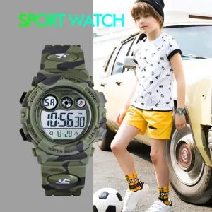 1547 Sports Digital Watch with Resin Dial Colourful LED Display 5ATM Water Resistant Durable ABS Case TPU Band Alarm Kids