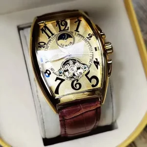 166117 Moon Phase Leather Automatic Mechanical Tonneau Watch Classic Casual Business Watch for Men