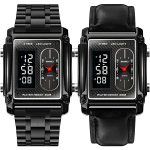1868 Stainless Steel Analog Digital Watch for Men Outdoor Sport Waterproof Dual Time Zone