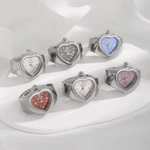 18Color Silver Plated Heart Finger Ring Watch Quartz Analog Stainless Steel Elastic Expansion Band for Women