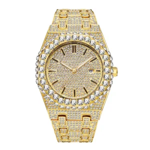 18K Gold Plated Full Diamond Quartz Wrist Watch Shiny Hip Hop Design Round Case 20mm Band Width Iced Out Watch For Men