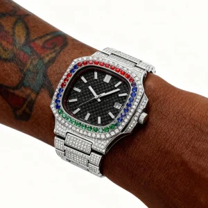 18K Gold Plated Full Iced Out Diamond Gold Couple Luxury Colour Stone Stainless Steel Metal Watch Band Watch