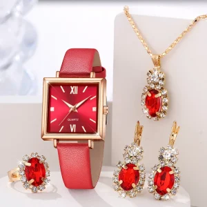 2/3/4/5/6PCS Red Women’s Watch Set Fashion Trend Simple Square Dial Quartz Watch Bracelet Necklace Earrings Set Perfect Gift