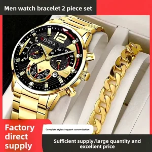 2-Piece Men’s Alloy Watch Bracelet Set Luxury 40mm 10mm Luminous Pointer Quartz Watch