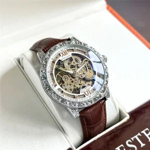 2120 Vintage Engraved Bezel Men Automatic Watch Full Skeleton Hollow Dial Leather Strap Luxury Mechanical Wrist Watch