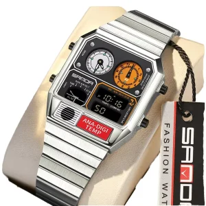 2198 Boys Digital Watch Stainless Steel Band Double Display Multi-Function Sport Watch