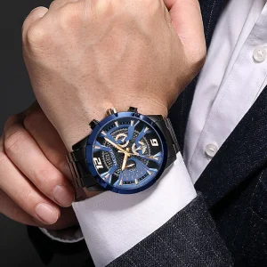 2221 Fashion Blue Three Eye Multifunction Dial Timing Watch Men Steel Strap Waterproof Luminous Calendar Quartz Watches