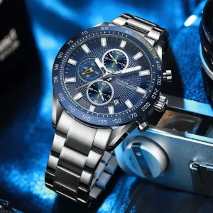 2306 Blue Black Dial Watch Stainless Steel Band Luminous Wristwatch for Men