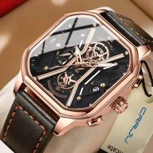 2313 Square Dial Leather 30M Waterproof Quartz Calendar Watch for Men Black Belt Luminous Hands Men’s Relogio