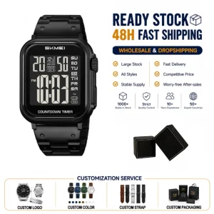 2447 Multifunctional Digital Sport Watch for Men, Steel Band, Large Screen, Waterproof, Luminous, Stopwatch, Alarm