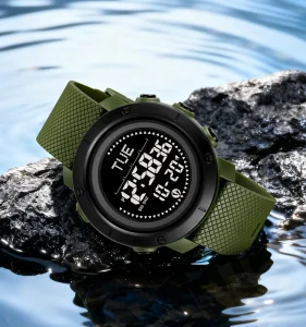 2620 Men’s Sport Watch with LED Display Compass Digital Dial Plastic Band Pedometer 3 Alarms