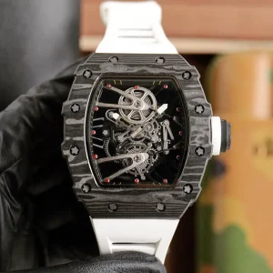 27 02 Manual Skeleton Tourbillon Mechanical Watch Black Carbon Fiber Tonneau Case Men’s Sports Watch