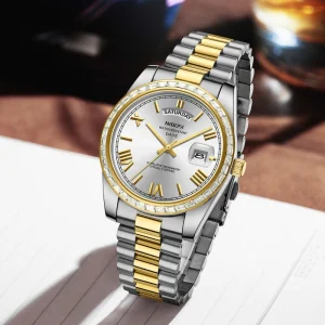 2708 Zircon Circle Design Stainless Steel Strap Men’s Wristwatch Double Date Waterproof Quartz Watch