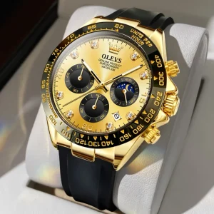 2875 Men Fashion Black Silicone Strap Gold Multi Chronograph Business Moon Phase Quartz Watches Sport Waterproof