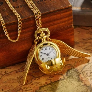28mm Golden Flying Ball Pendant Necklace Large Winged Quartz Pocket Watch Fashion Jewelry Accessories Party Gift