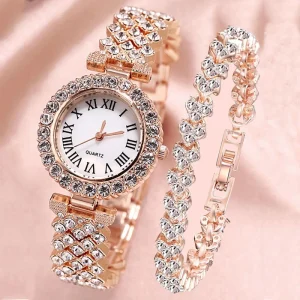 2Pcs Set Luxury Rose Gold Ladies Watches Women Diamond Wrist Watch Elegant Female Bracelet Watches for Women’s Gift