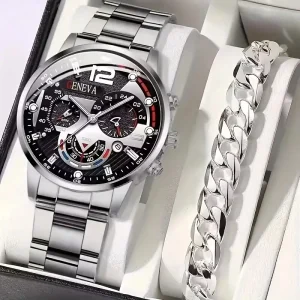 2pcs set Men’s Business Sports Quartz Watch Date Dial Analog Steel Band Wrist Watch Bracelet