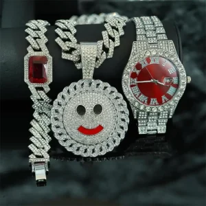 3 Piece Set Iced Out Rhinestone and Alloy Hip Hop Cuban Link Chain Bracelet Sunflower Pendant Necklace Quartz Watch Jewelry