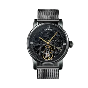 316L Steel Black Case Japan Movement Tourbillon Skeleton Automatic Mechanical Wrist Watch for Men