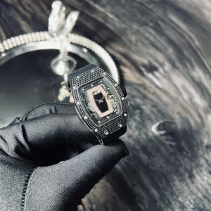 31mm Carbon TPT Rose Gold Color Diamond Paved Automatic Mechanical Hollow Skeleton Men’s Watch