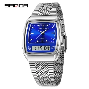 3393 Fashion Men’s Watches Dual Movement Waterproof Stainless Steel Multi Functional Display
