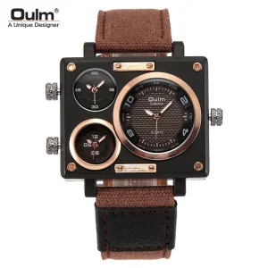 3595 Quartz Business Style Large Dial Multi-Time Zone Square Men’s Watch Glass Crystal Pointer Canvas Strap Water Resistant