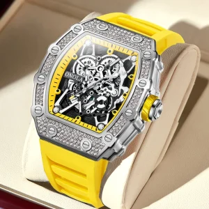 3827D Silicone Strap Wristwatch Luminous Hands Daily Waterproof Diamond Tonneau Dial Multi-color Men’s Watch