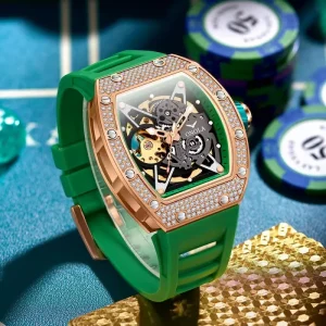 3838D Waterproof Silicone Band Automatic Movement Men’s Full Diamond Tonneau Mechanical Watch