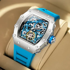 3854 Fashion Hollow Out Tonneau Dial Men Automatic Movement Watch Silicone Strap Mechanical Luminous Hands Watches
