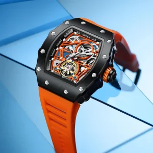3854 Mechanical Luminous Hands Hollow Out Tonneau Dial Men’s Automatic Movement Silicone Strap Watch