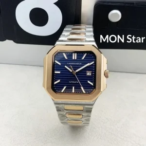 38mm Square Business Stainless Steel Men’s Mechanical Blue Pointer Dial Automatic Date Fashion Casual Watch 5Bar Water resistant