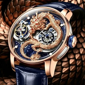 3D Rose Gold Dragon Skeleton Automatic Watch for Men Starry Sky Dial Premium Leather Wristwatch
