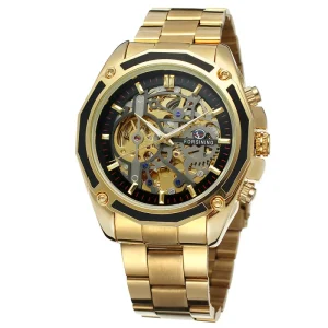 3atm Water Resistant Stainless Steel Gold Color Men’s Skeleton Mechanical Watch