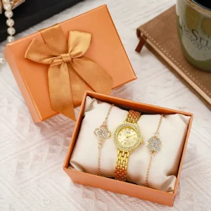 3pcs Women’s Versatile Minimalist Round Diamond-detailed Dial Steel Bracelet Watch + Rhinestone Flower Necklace Set
