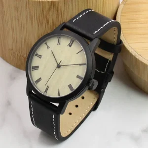 40mm Fashion Stainless Steel and Wood Watch Genuine Leather Wristwatch for Him and Her