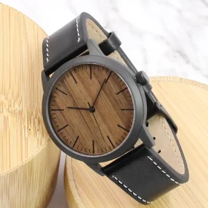 40mm Fashion Stainless Steel and Wood Watch with Japanese Movement Minimalist Genuine Leather Strap Wristwatch Wood Gift