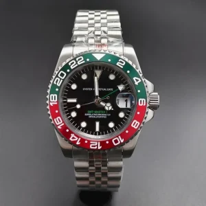40mm GMT Men’s Business Watch Stainless Steel Case Band Sapphire Crystal Analog Red Green Bezel Mechanical Movement Water