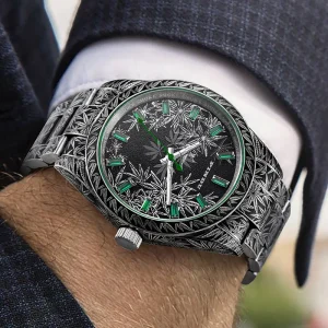 40mm Stainless Steel Explorers Wristwatch Clear Hands Engraved Hemp Leaves Luxury Mechanical Design ETA NH35