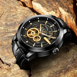 42mm Men’s Waterproof Stainless Steel Leather Strap Pointer Dial Mechanical Watch
