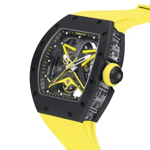 44 mm Carbon Men’s Mechanical Watch Skeleton Dial with Luminous Hands, Yellow Rubber Strap